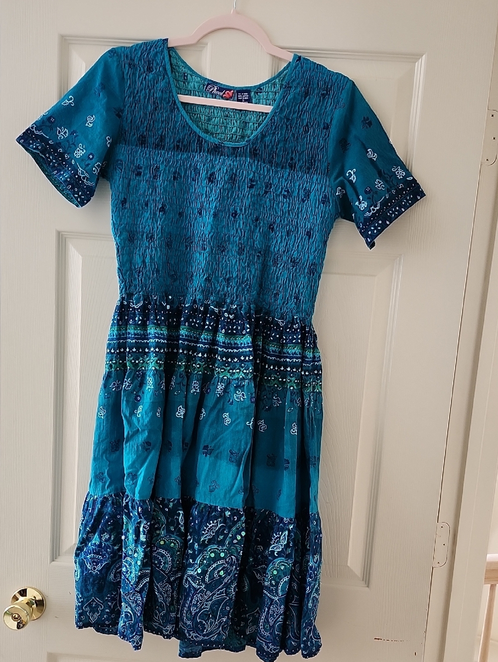 Smocked Teal Maxi Dress with Paisley Tiered Skirt